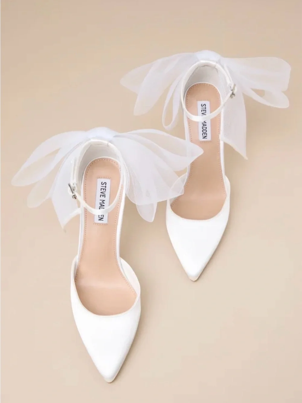 Steve Madden Valenteen White Satin Pointed-Toe Ankle-Strap Heels with Sheer Bow